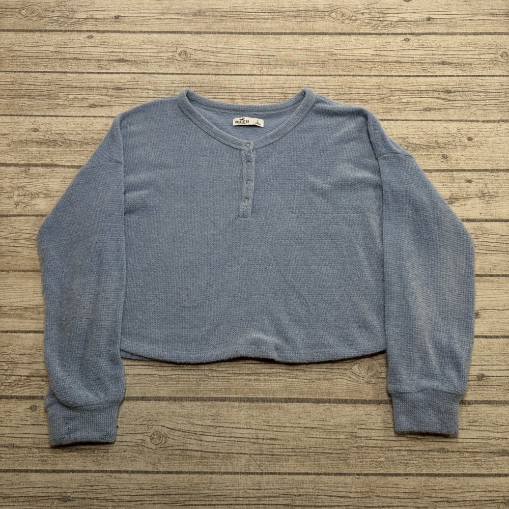Hollister Sweatshirt Women's Large Blue Henley Waffle Knit Cropped Long Sleeve